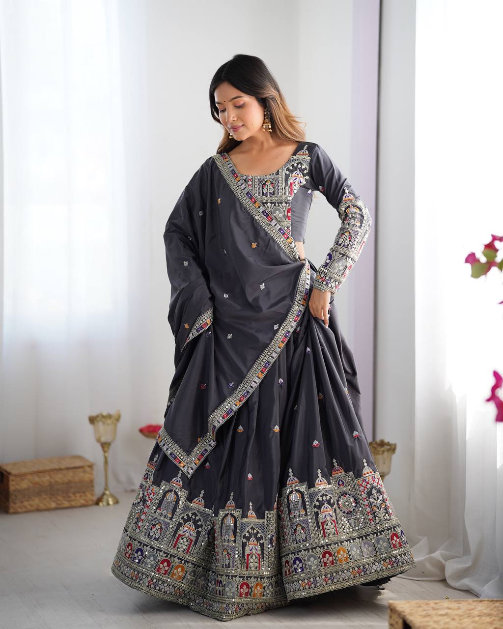 Majestic Midnight Black Designer Lehenga Choli Featuring Intricate Multicolored Architectural Embroidery and Mirror Work